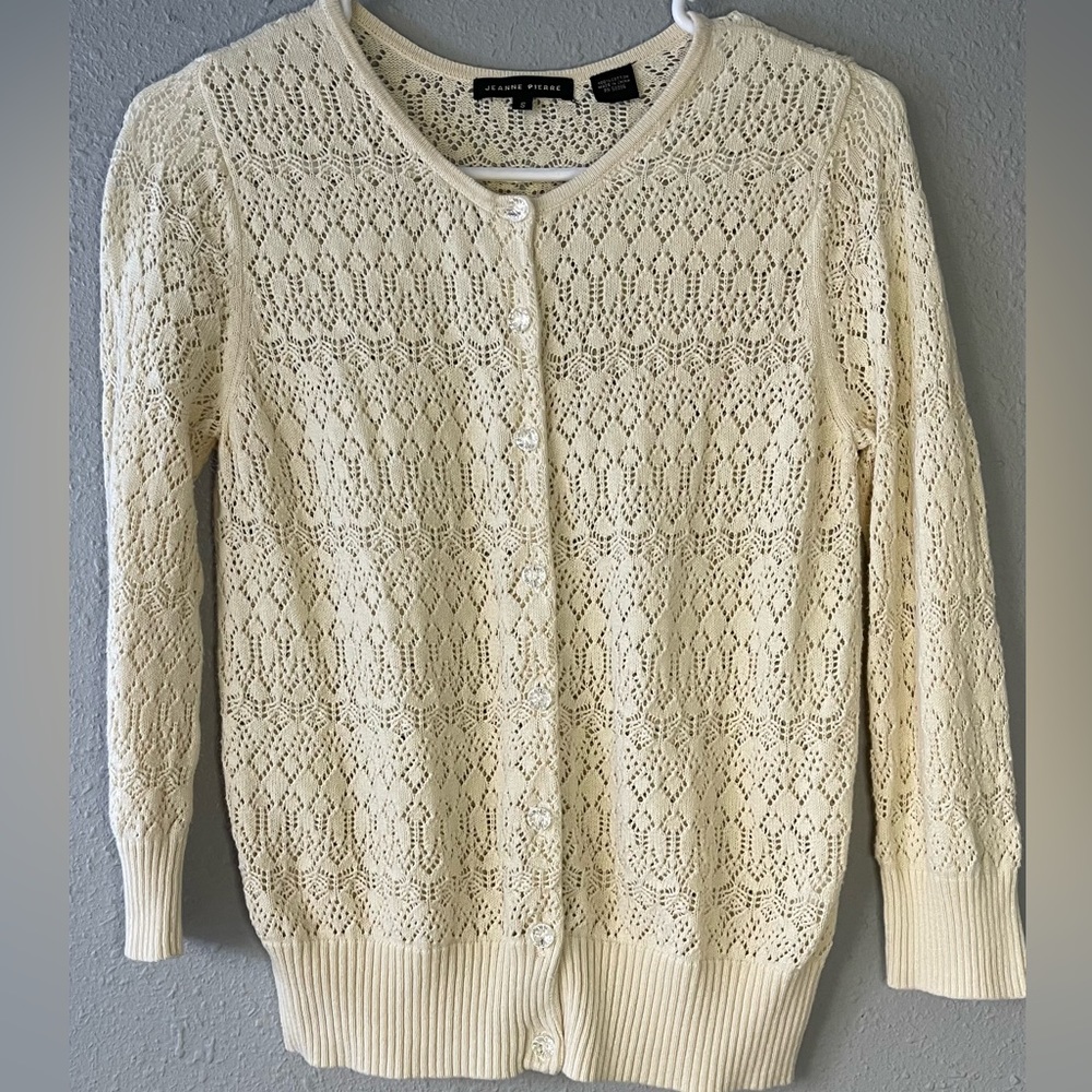 Spring Crochet Knit Cardigan Size Small, 100% Cotton, Jeanne Pierre Soft Beige ￼